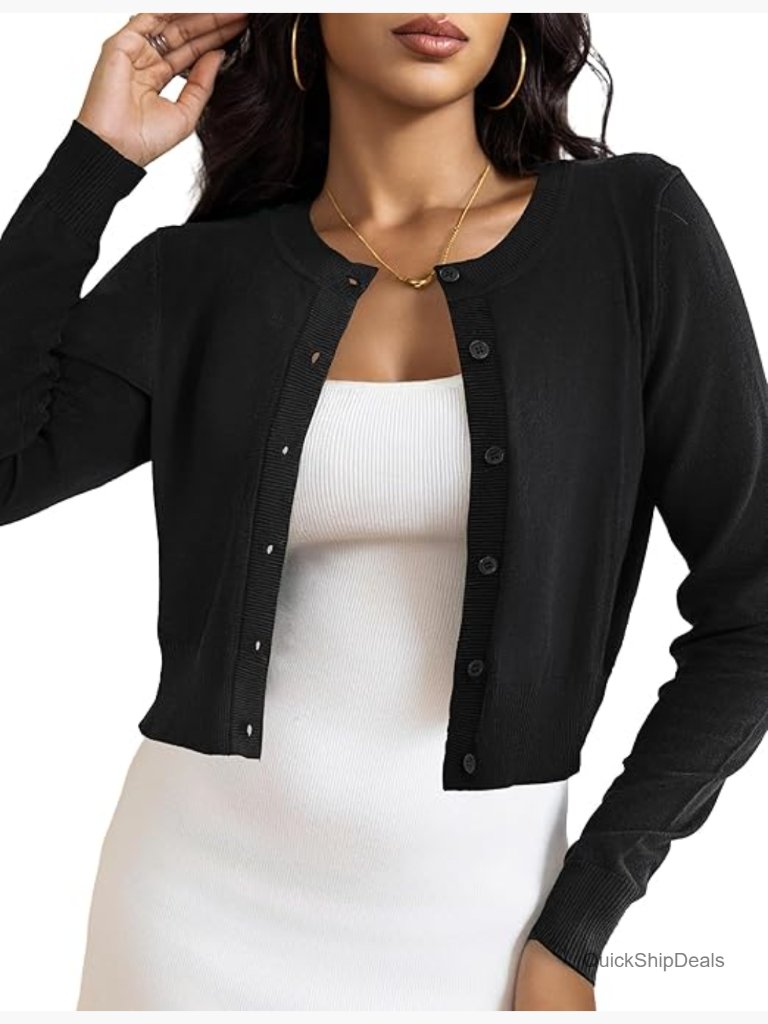 Cropped Cardigan Bolero Shrug, Button Down Long Sleeve Knit Sweater